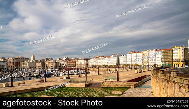 La Coruna, Galicia / Spain - 26 November 2020: yacht harbor and promenade in the historic city center of La Coruna