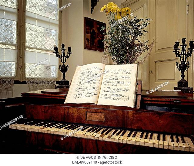 19th century baroque piano in the sitting-room of Giuseppina Strepponi, second wife of Giuseppe Verdi, at Orlandi Palace, former Verdi Palace