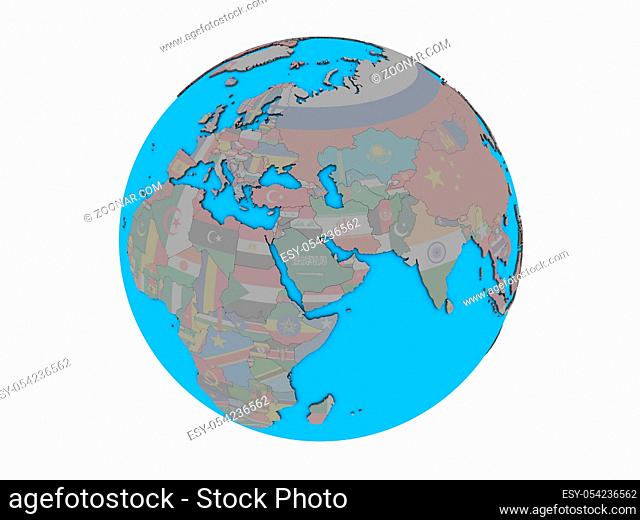 Kuwait with embedded national flag on blue political 3D globe. 3D illustration isolated on white background