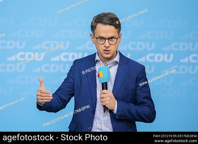 19 December 2023, Berlin: Carsten Linnemann, CDU Secretary General, speaks at a press conference at the CDU federal office in the Konrad Adenauer House on the...
