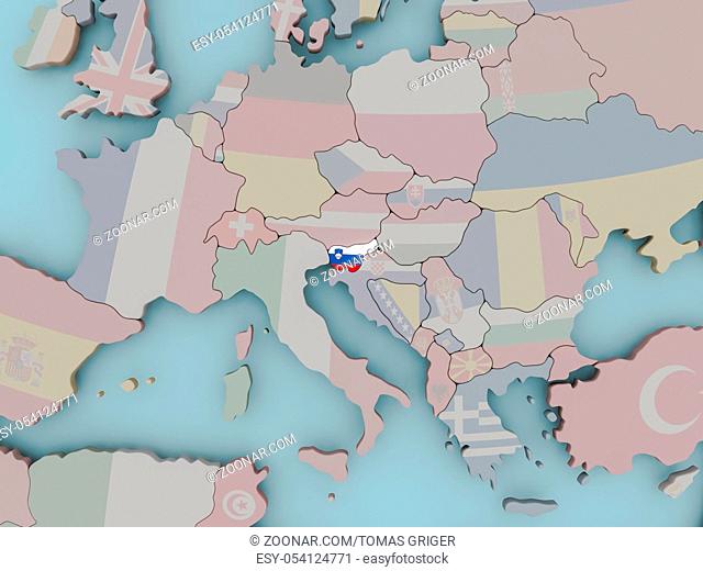 Slovenia with national flag on political globe. 3D illustration