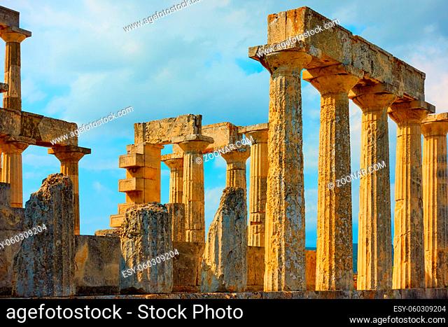 Columns of the Temple of Aphaea, landmark of Aegina Island in Greece