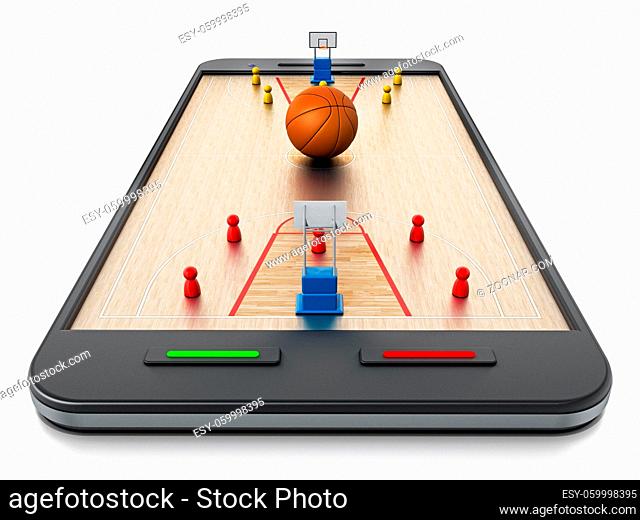 Basketball court, hoops and players standing on smartphone. 3D illustration