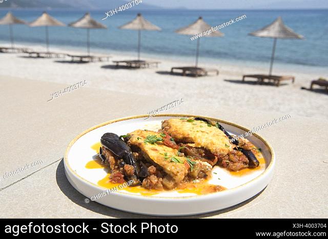 Stuffed eggplants served on the terrace of the Riviera, Qeparo beach ""new village"" of the Ionian coast, Albania, Southeastern Europe