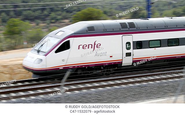 Spain, Catalonia, Lleida province, High Speed Train, AVE Avant S-104 going out of Vinaixa viaduct