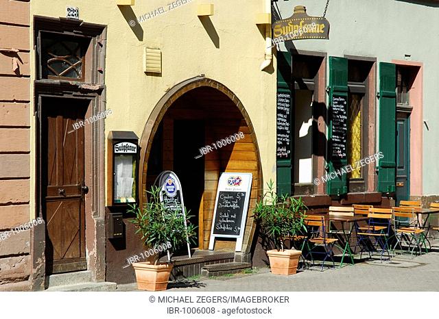 Sudpfanne Restaurant Hostel, entrance, facade and terrace, historic center of Heidelberg, Neckar Valley, Baden-Wuerttemberg, Germany, Europe