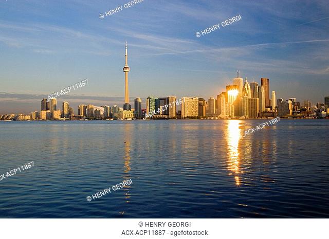 View of Toronto at dawn from Algonquin Island, Toronto Islands Park, Toronto, Ontario, Canada