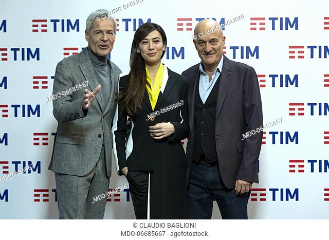 The conductors Claudio Baglioni, Virginia Raffaele e Claudio Bisio in the Press Room of the 69th Sanremo Music Festival. Sanremo (Italy), February 7th, 2019