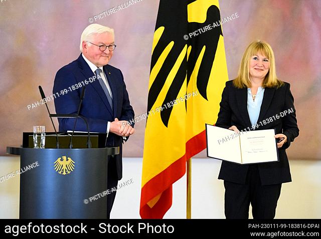 11 January 2023, Berlin: Federal President Frank-Walter Steinmeier appoints Rhona Fetzer as new judge at the Federal Constitutional Court on the occasion of the...