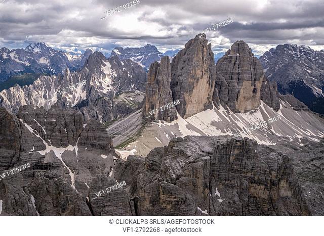 Aerial view of the Three Peaks of Lavaredo on a cloudy day. Dolomites. Cadore. Veneto. Italy. Europe