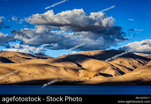 Himalayas and Himalayan mountain lake Tso Moriri on sunset. Korzok, Changthang area, Ladakh, Jammu and Kashmir, India, Asia