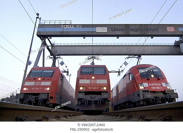 Low angle view of trains on track, Billwerder, Hamburg, Germany