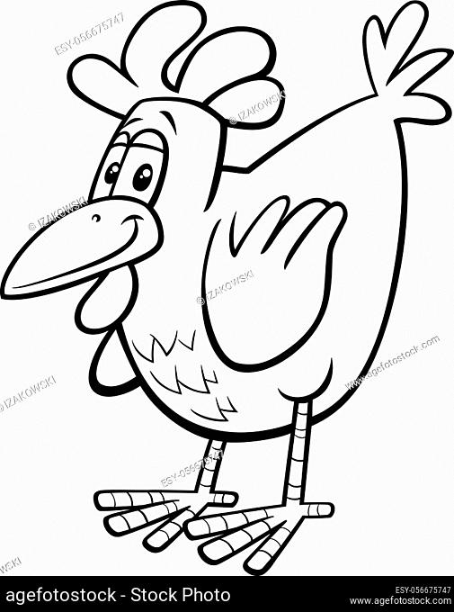 Black and White Cartoon Illustration of Comic Hen or Chicken Farm Bird Animal Character Coloring Book Page