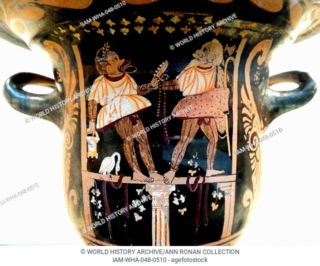 Red-figured bell-krater (wine-bowl) with a scene from a Phlyax play. Made in Paestrum about 330 BC attributed to Python as Painter