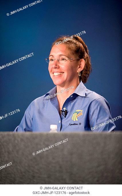 Astronaut Sandra Magnus, Expedition 18 flight engineer, fields a question from a reporter during an Expedition 18Soyuz 17 pre-flight press conference at NASA's...
