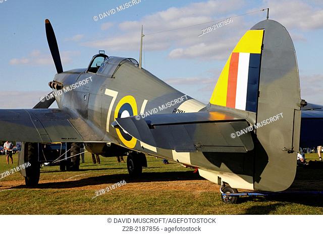 WW2 Royal Navy Sea Hurricane fighter aircraft at a Shuttleworth Collection air display at Old Warden airfield, Bedfordshire, UK