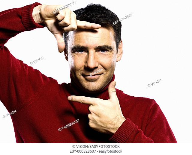 caucasian man finger frame gesture studio portrait on isolated white backgound