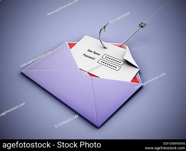 Fish hook stealing user name and password text areas on paper inside an enveloppe. 3D illustration