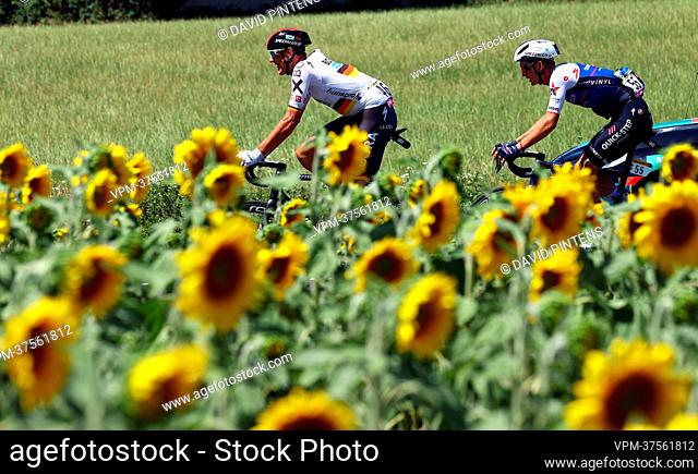 German Nils Politt of Bora-Hansgrohe and Danish Mikkel Frolich Honore of Quick-Step Alpha Vinyl passe a sunflower field during stage fifteen of the Tour de...