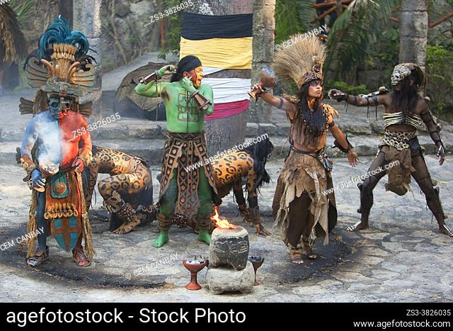 Dancers performing a representative shaman ceremony of the prehispanic Mayan culture at Mexico Espectacular Show, Xcaret, Playa del Carmen, Riviera Maya