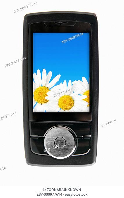 Cellular phone with flowers on screen