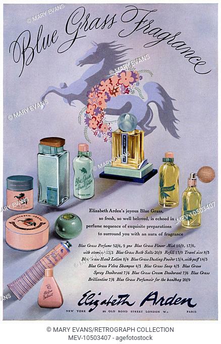 Advertisement for Blue Grass Fragrance products by Elizabeth Arden, featuring perfume, bath salts, hand lotion, dusting powder, shampoo, soap