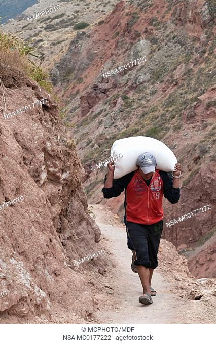 Peru, Cusco. Workers hauling bags of salt at Salinas De Maras salt ponds
