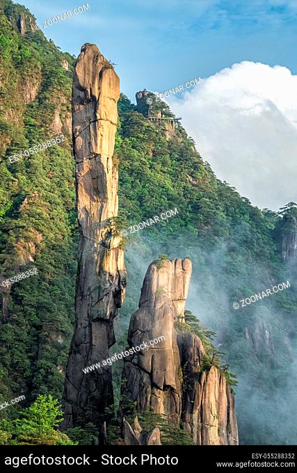 giant granite pillars in sanqing mountain scenic spot at sunrise, jiangxi province, China