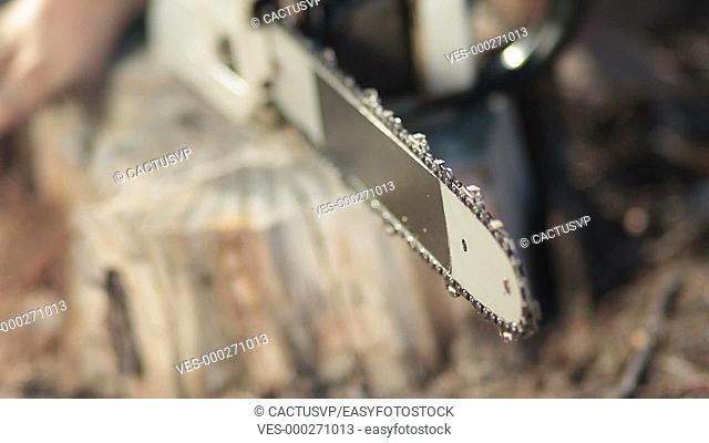 Closeup view of working chainsaw blade