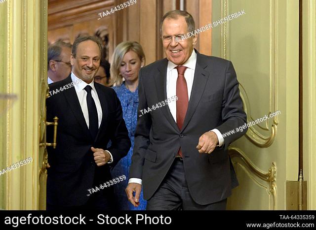 RUSSIA, MOSCOW - NOVEMBER 3, 2023: Kuwait's Minister of Foreign Affairs Sheikh Salem Abdullah Al-Jaber Al-Sabah (L) and Russia's Foreign Minister Sergei Lavrov...