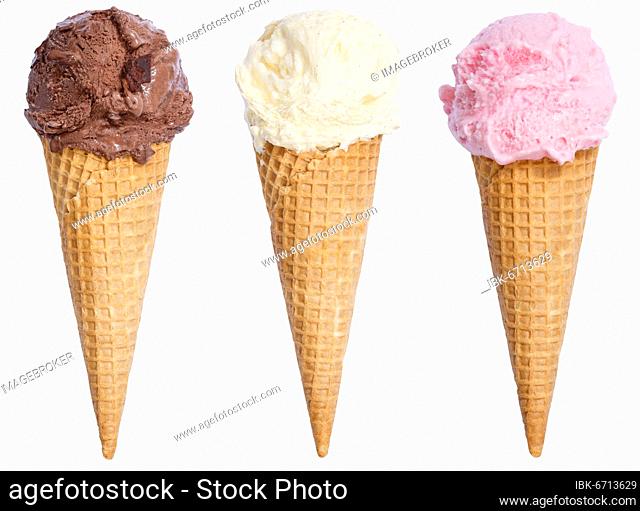 Ice cream in wafer collection scoop vanilla ice cream vanilla chocolate ice cream isolated cropped against a white background