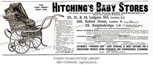 Advert for Hitching's Baby Stores, Ludgate Hill, Oxford Street and Knightsbridge, London