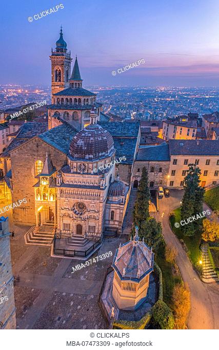 Basilica of Santa Maria Maggiore with Cappella Colleoni / Colleoni Chapel, from above during dusk. Bergamo / Upper town, Lombardy, Italy
