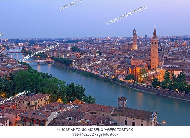 Verona  Santa Anastasia church and Torre dei Lamberti at Dusk  Adige river  Veneto  Italy  Europe