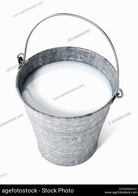 Metal bucket with milk isolated on white background. 3D illustration