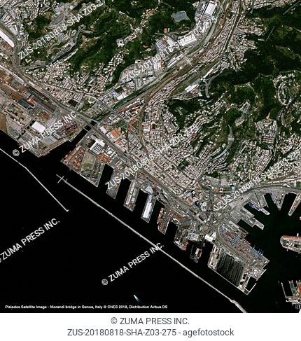 August 18, 2018 - Genoa, Italy - Pleiades Satellite Image Collapse of the Morandi bridge in Genoa. (Credit Image: © Airbus DS/ZUMA Wire/ZUMAPRESS.com)
