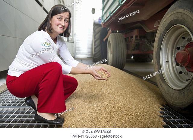 Konstanze Fritzsch director of contract growning and grain purchasing, checks the quality of the grain delivery in the silo at the Dresdener Muehle mills in...
