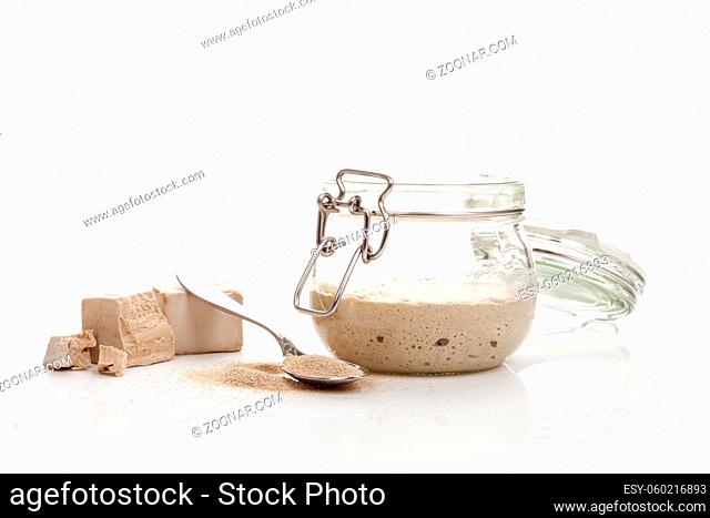 Different types of yeast. Fresh pressed, dry instant yeast and active wheat sourdough starter (wild yeast) isolated on white background
