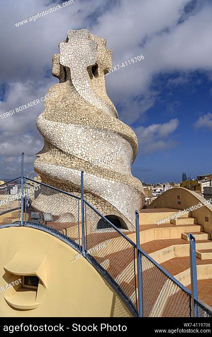 Top of the stairwell with the 4-armed cross designed by Gaudí on the rooftop terrace of Casa Milá  - La Pedrera (Barcelona, Catalonia, Spain)