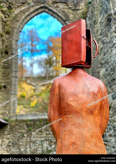 Sculpture from the artist Jean-Michel Folon in the Abbey of Villers-La-Ville, Walloon Brabant, Belgium, December 19th, 2020