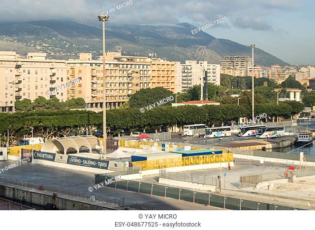 Panorama of the waterfront and the port in the tourist center of Palermo, Sicily, Italy, October 8, 2018