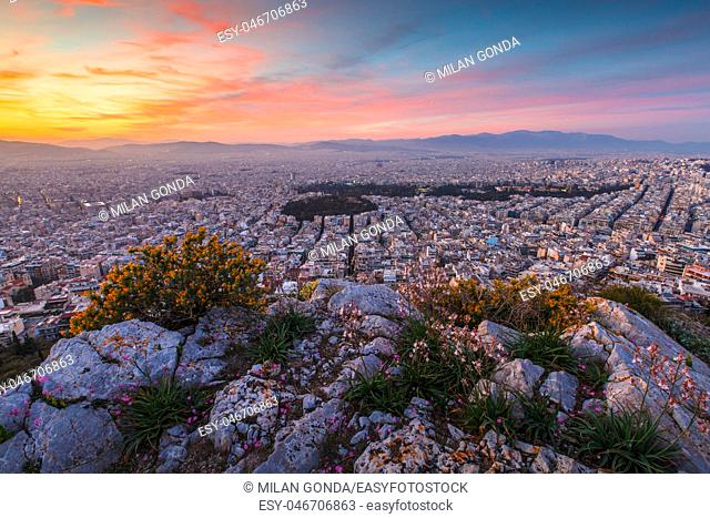View of Athens from Lycabettus hill at sunset, Greece.