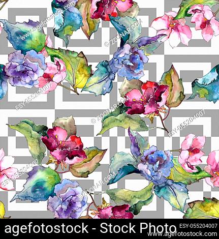 Colorful gardenia flowers. Floral botanical flower. Seamless background pattern. Fabric wallpaper print texture. Aquarelle wildflower for background, texture