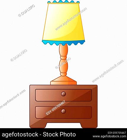 Wooden bedside table with lamp isolated on a white background