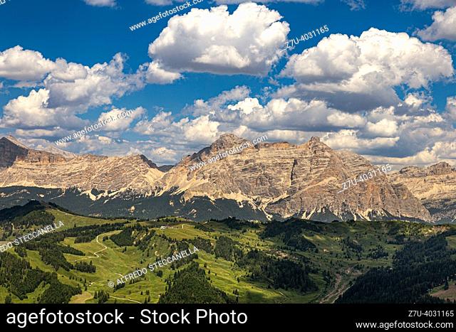 Dolomiti Alps in Alta Badia landscape amd peaks view, Trentino Alto Adige region of Italy