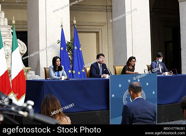 Giuseppe Conte, Lucia Azzolina, Paola De Micheli and Roberto Speranza during the press conference on anti Covid measures for the reopening of the school year...