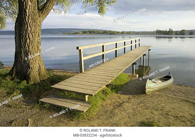 Germany, Lake Constance, Markelfingen,  Shores, silver pasture, Salix alba,  Bridge, canoe,  Baden-Württemberg, sea, wood bridge, jetty, shores, boat, rowboat