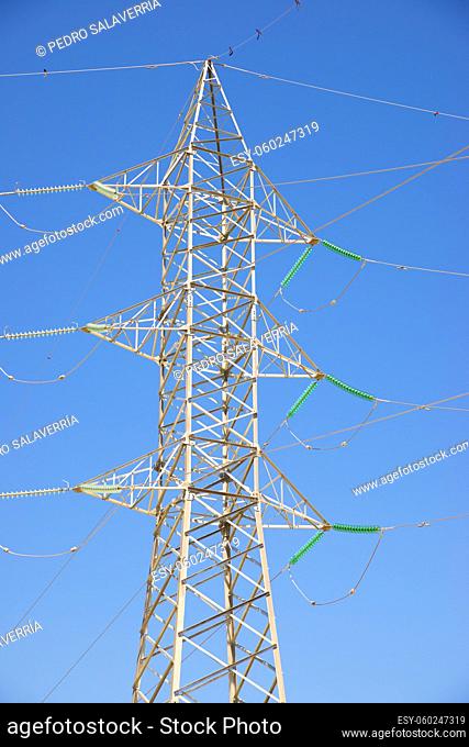 Power line in Zaragoza province, Aragon in Spain