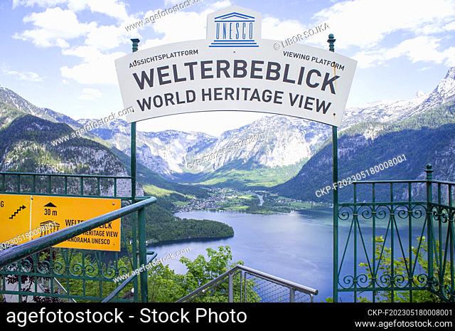 The observation platform near the restaurant by the upper lift station above the Hallstatt town, view on the lake Hallstatter See on Traun River, May 24, 2019