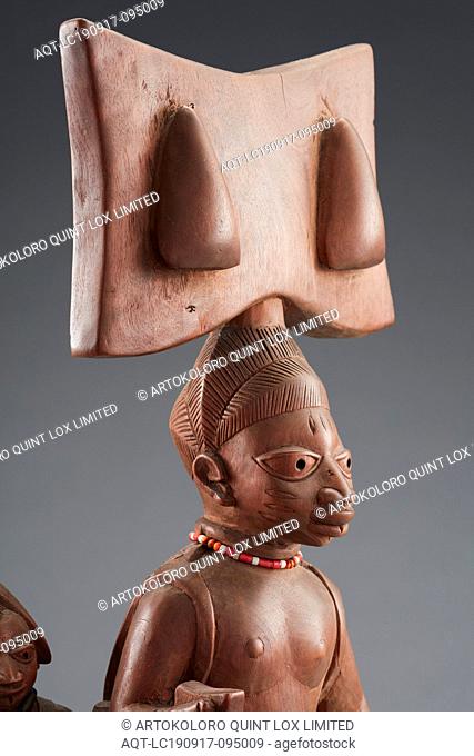 Sango staff (Ose Sango), Duga of Meko (Nigerian, 1880-1960), 20th century, wood, glass, fiber, 18-7/8 x 7 x 6-1/8 in., Inscription: collector's number in white...